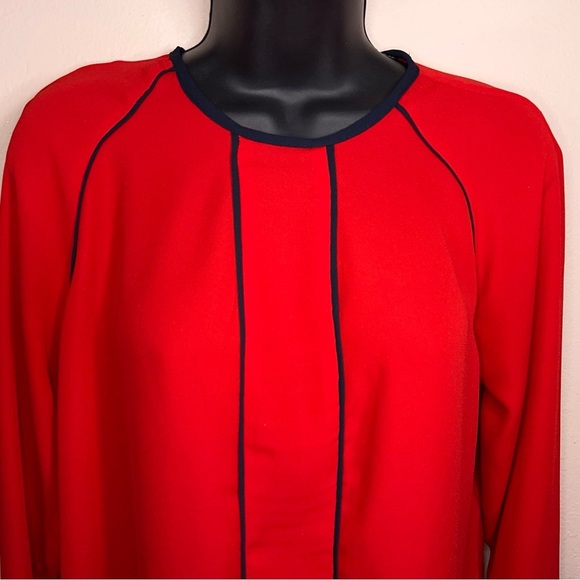 Petite Small Banana Republic Red Long Sleeve Blouse Dark Navy Blue Trim - Picture 6 of 13